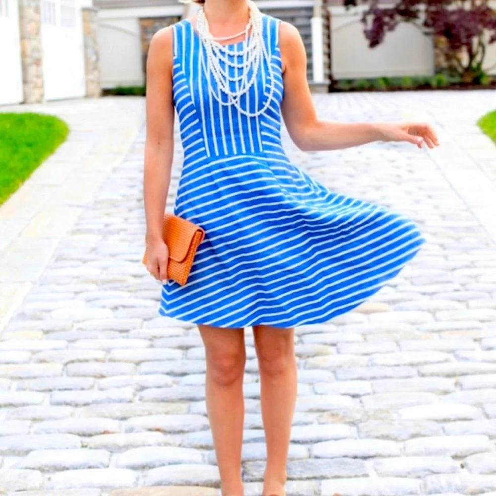 🗂 Vineyard Vines Blue White Striped Linen Blend Fit and Flare Dress